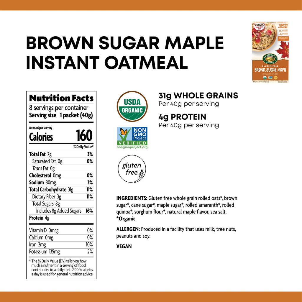 Organic Gluten Free Brown Sugar Maple Instant Oatmeal 32 Packet O75610