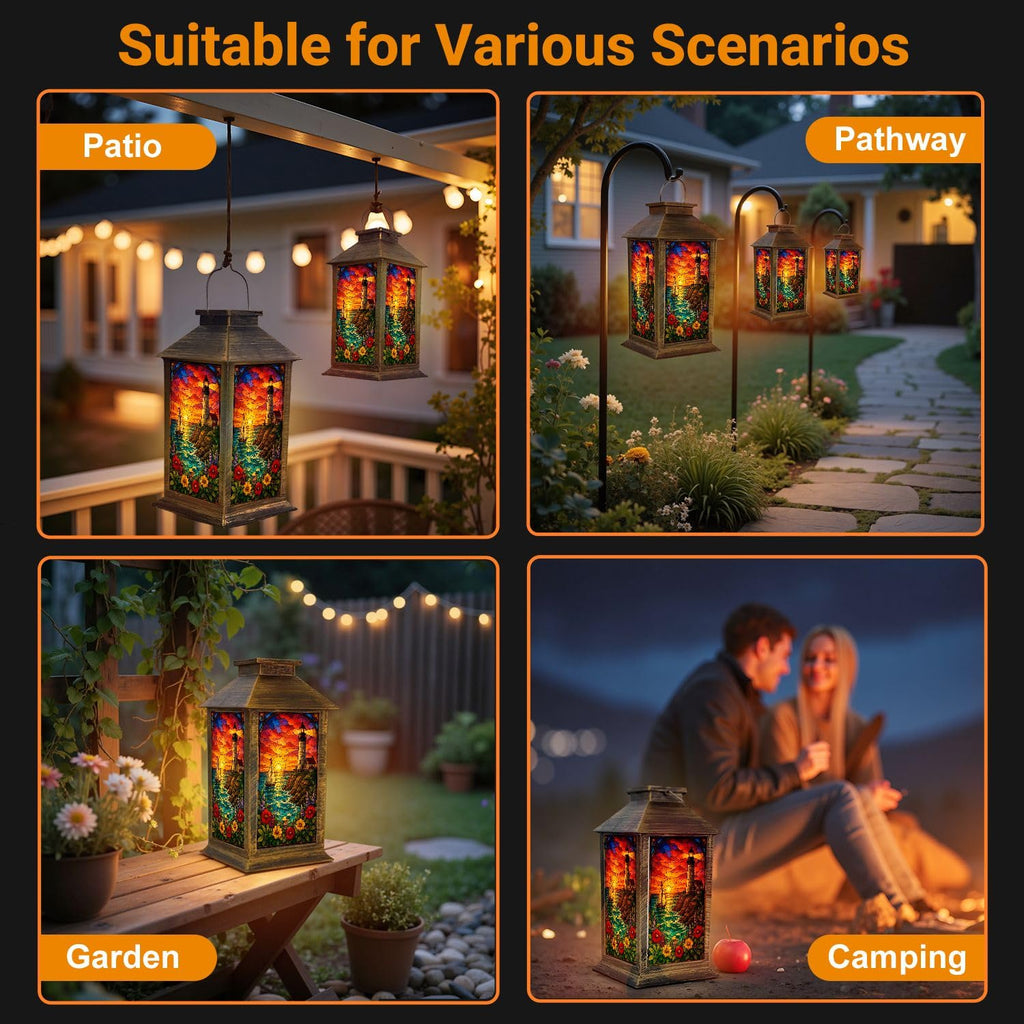 Solar Lantern Outdoor Waterproof Stained Glass Effect LED Hanging Tabletop Lamp J790