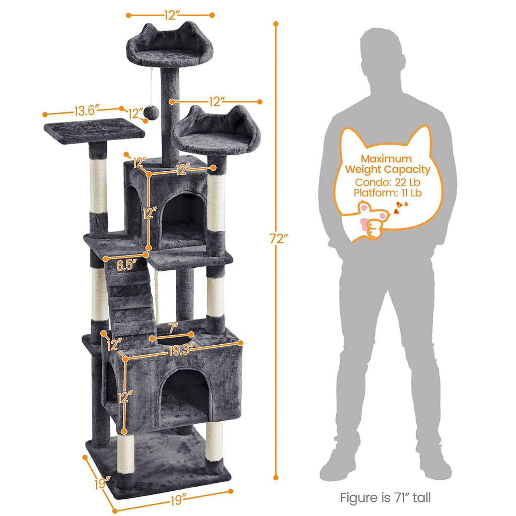 72in Dark Gray Cat Tree Tower with 2 Condos & 3 Perches K78895
