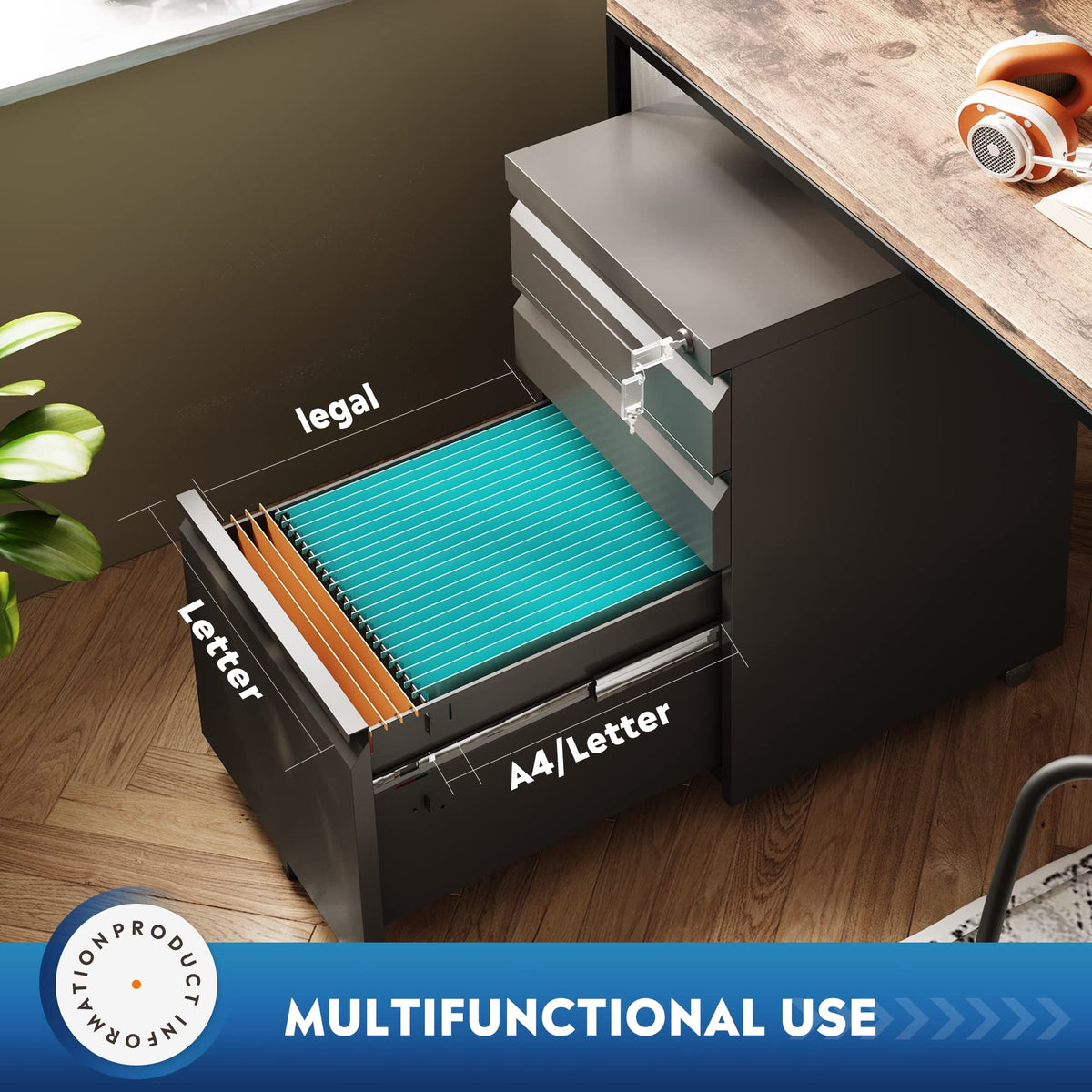 3 Drawer Mobile File Cabinet with Lock, Black R556