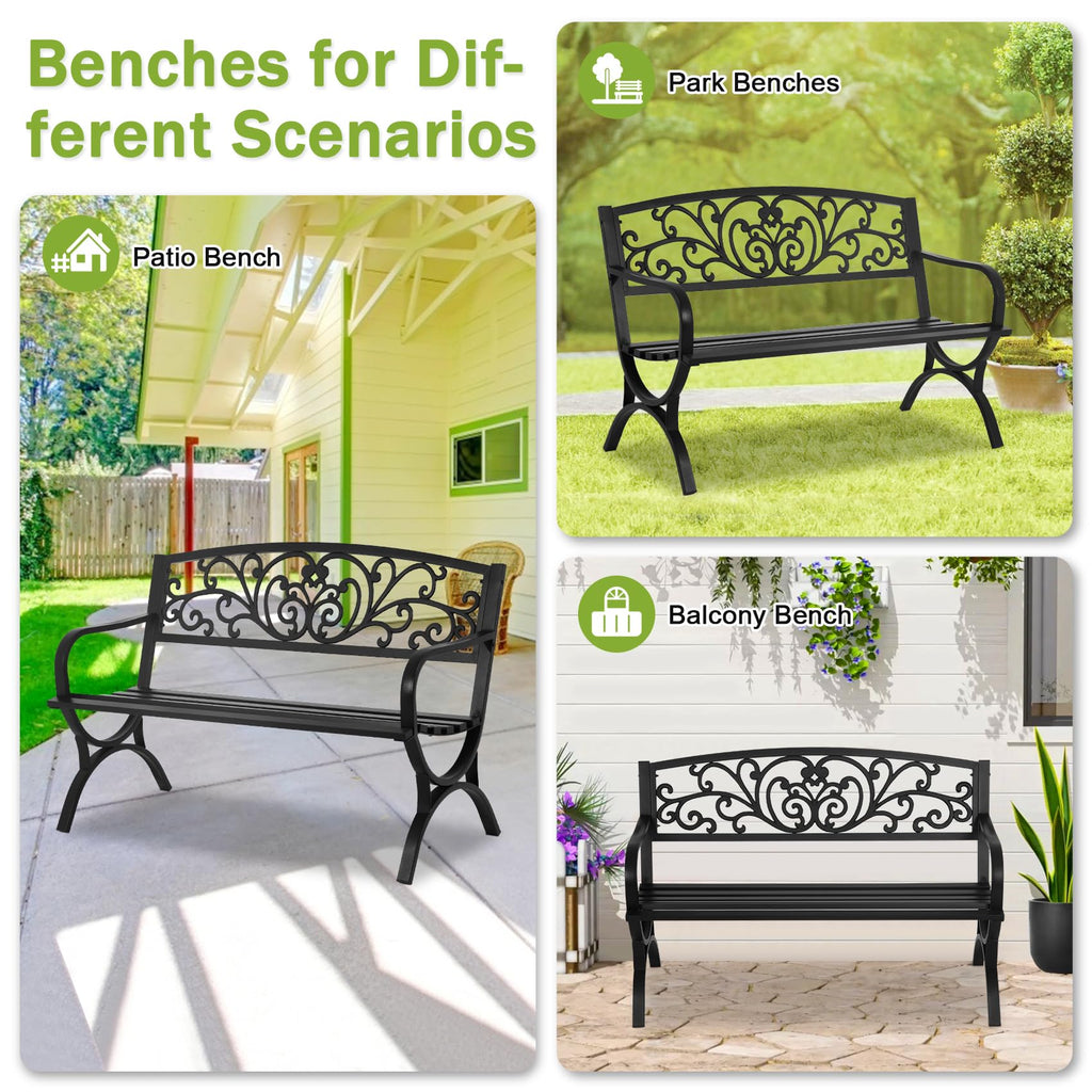50 Inches Black Metal Outdoor Garden Bench with Floral Pattern Backrest B82398
