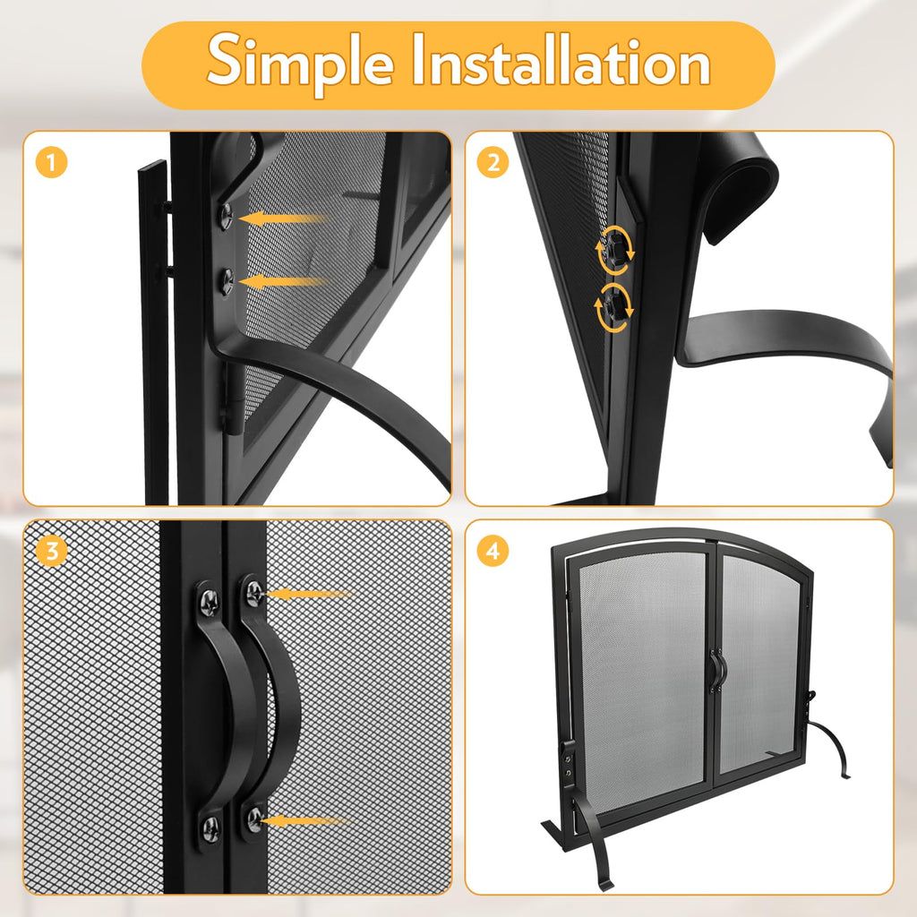 35"x27" Arched Black Fireplace Screen with Magnetic Double Doors N8828