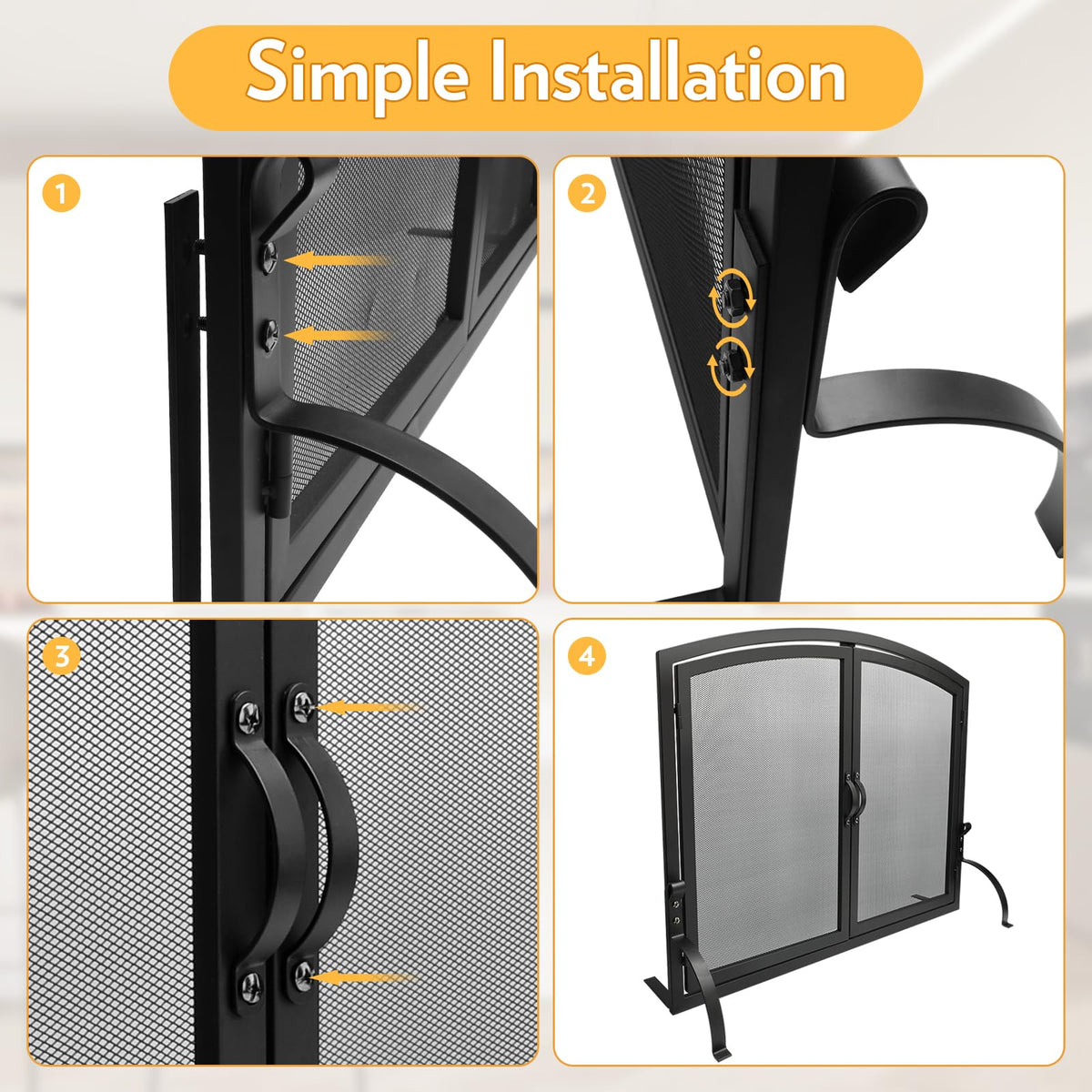 35"x27" Arched Black Fireplace Screen with Magnetic Double Doors N8828