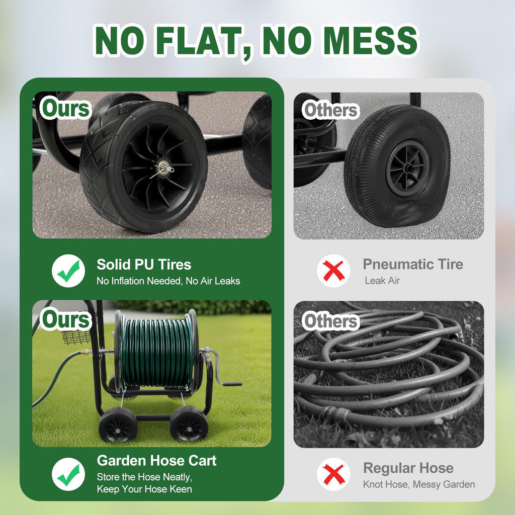4-Wheel Portable Garden Hose Reel Cart with Storage Basket W509
