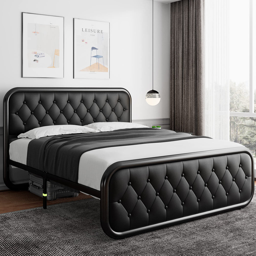 Full Size Black Metal Platform Bed Frame with Leather Headboard Q989