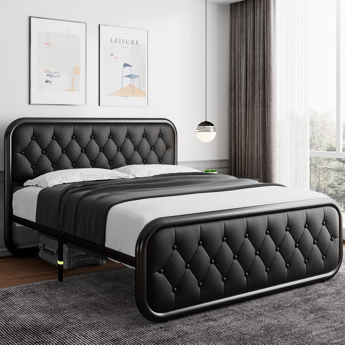 Full Size Black Metal Platform Bed Frame with Leather Headboard Q989