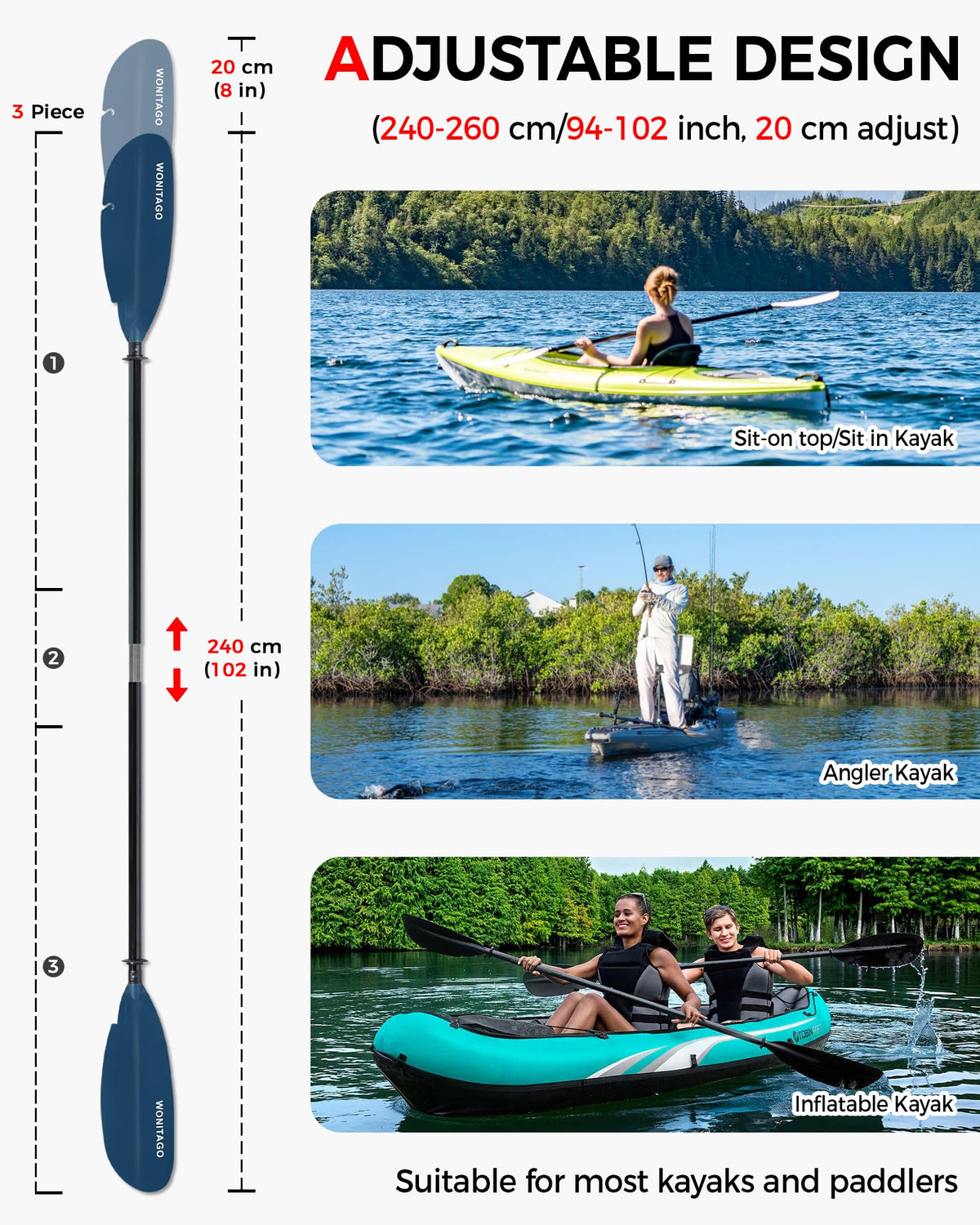 Adjustable Fiberglass Kayak Paddle J9575