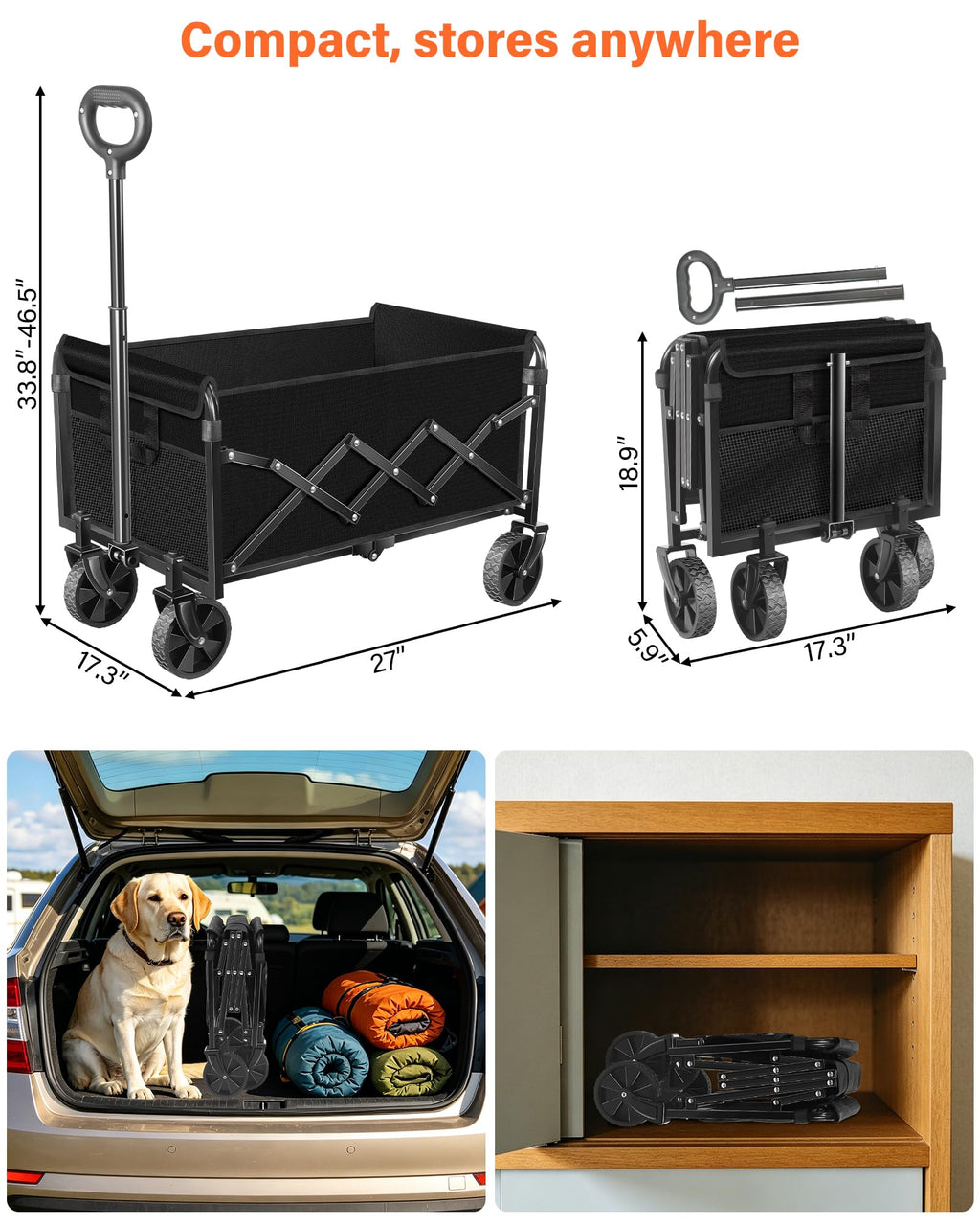 Foldable Wagon Cart with Wheels, 2 Cup Holders, Black F960969