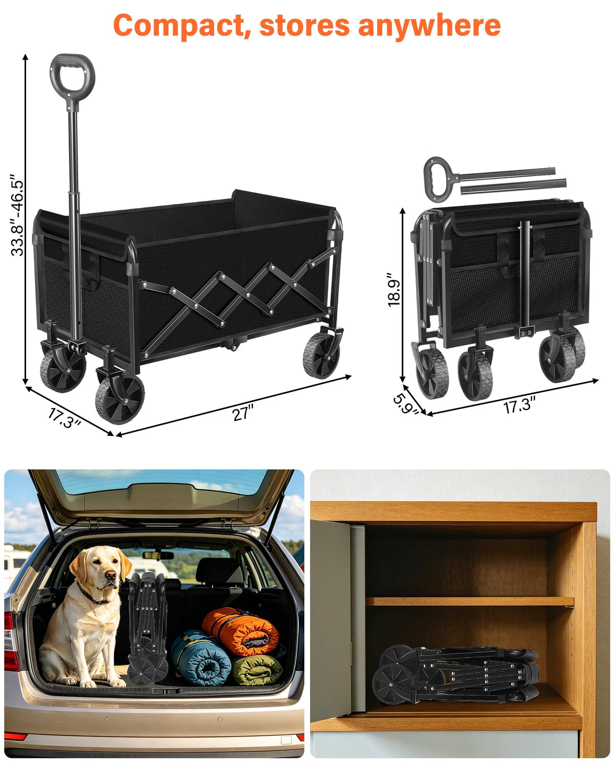 Foldable Wagon Cart with Wheels, 2 Cup Holders, Black F960969