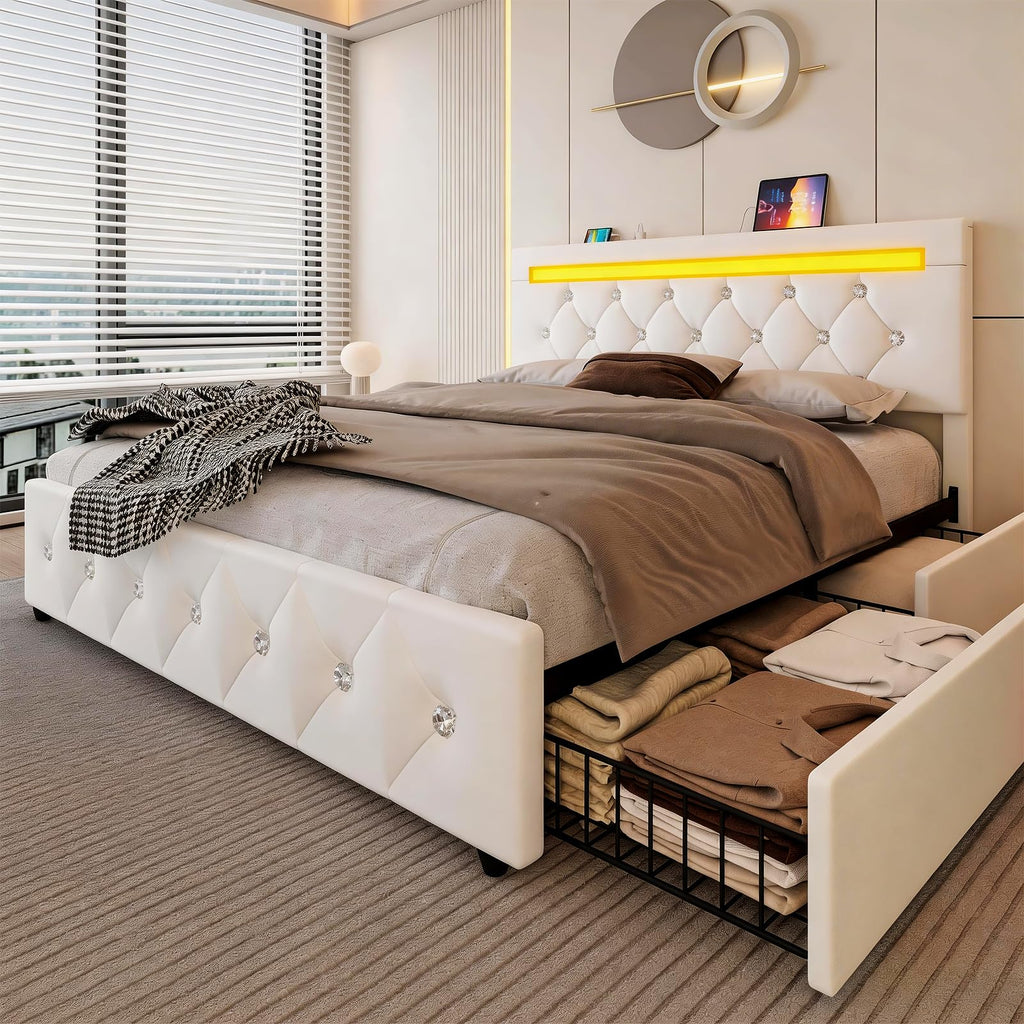 White Full Size Storage Bed with 4 Drawers and Adjustable Headboard O92679