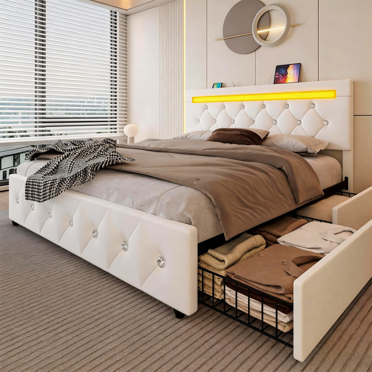 White Full Size Storage Bed with 4 Drawers and Adjustable Headboard O92679