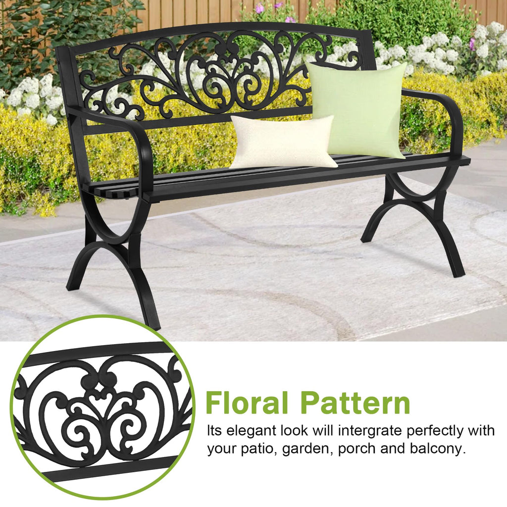 50 Inches Black Metal Outdoor Garden Bench with Floral Pattern Backrest B82398