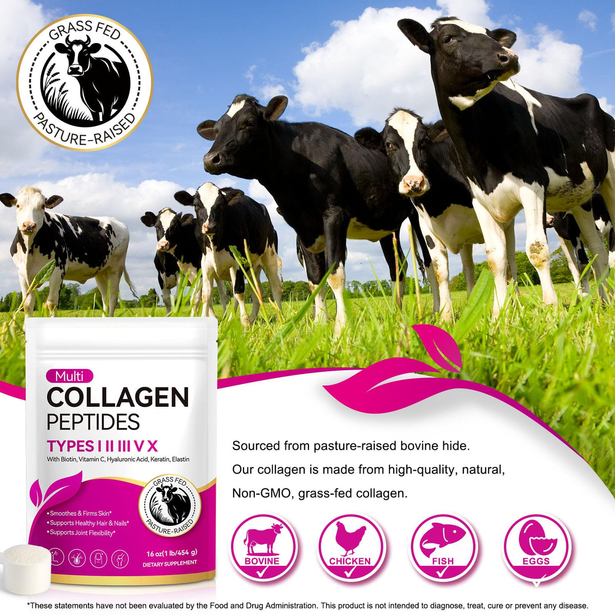 Multi Collagen Peptides Powder Types I II III V X Grass Fed Hydrolyzed L5543