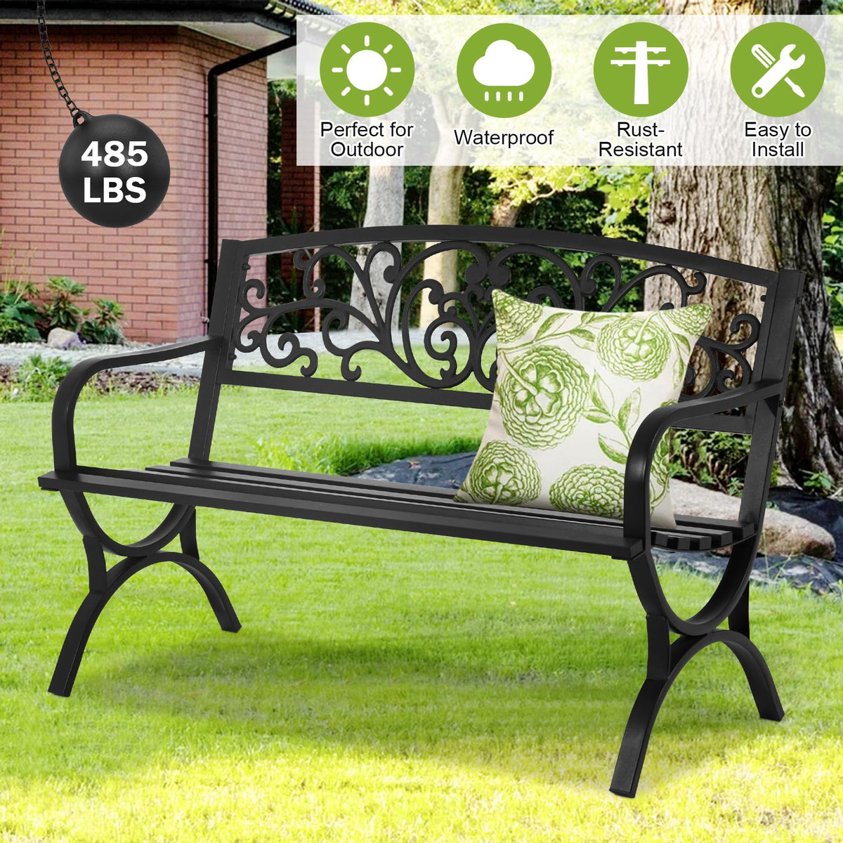 50 Inches Black Metal Outdoor Garden Bench with Floral Pattern Backrest B82398