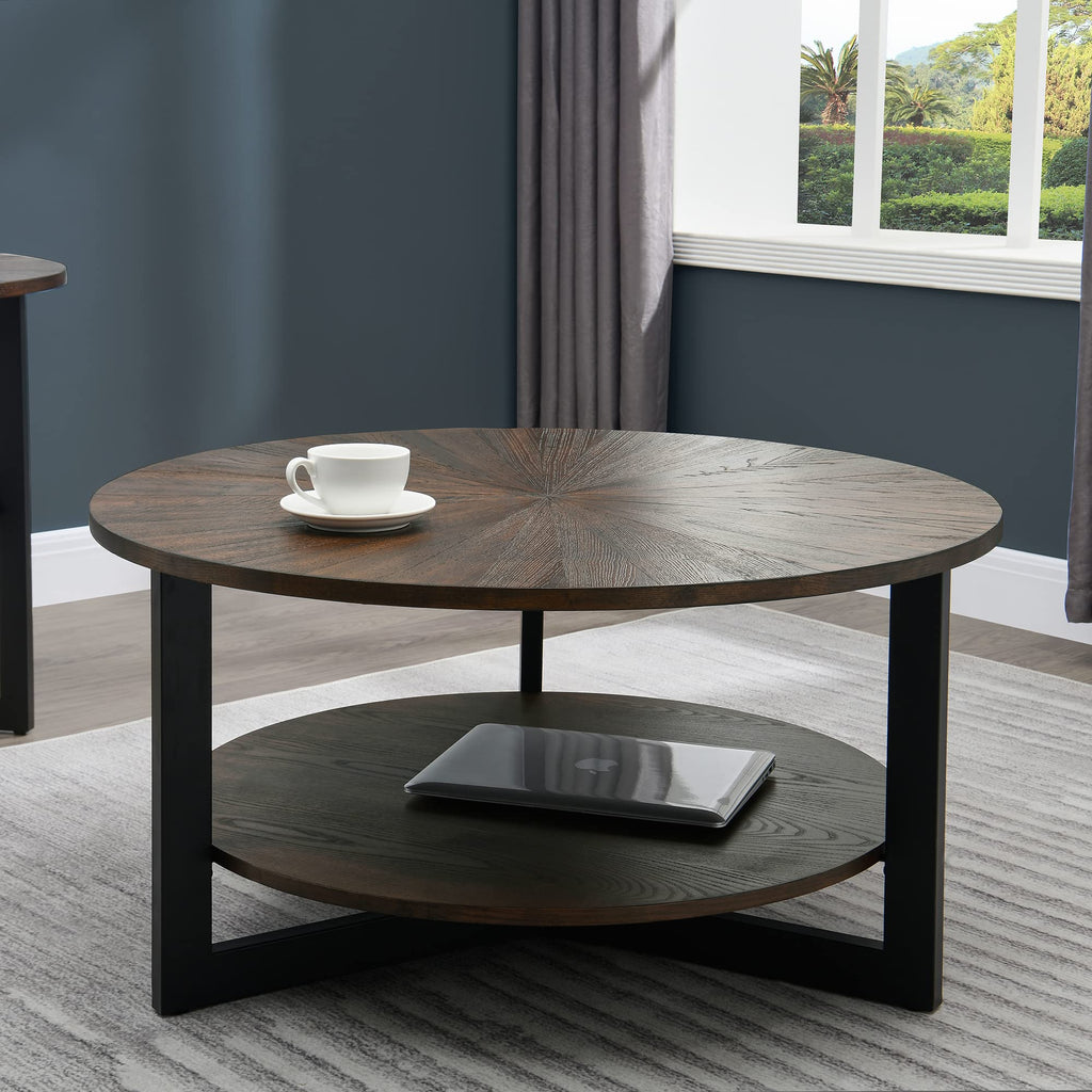 Round Coffee Table with Storage Shelf, Black Metal Legs, 35.3''D x 17.8''H L5082