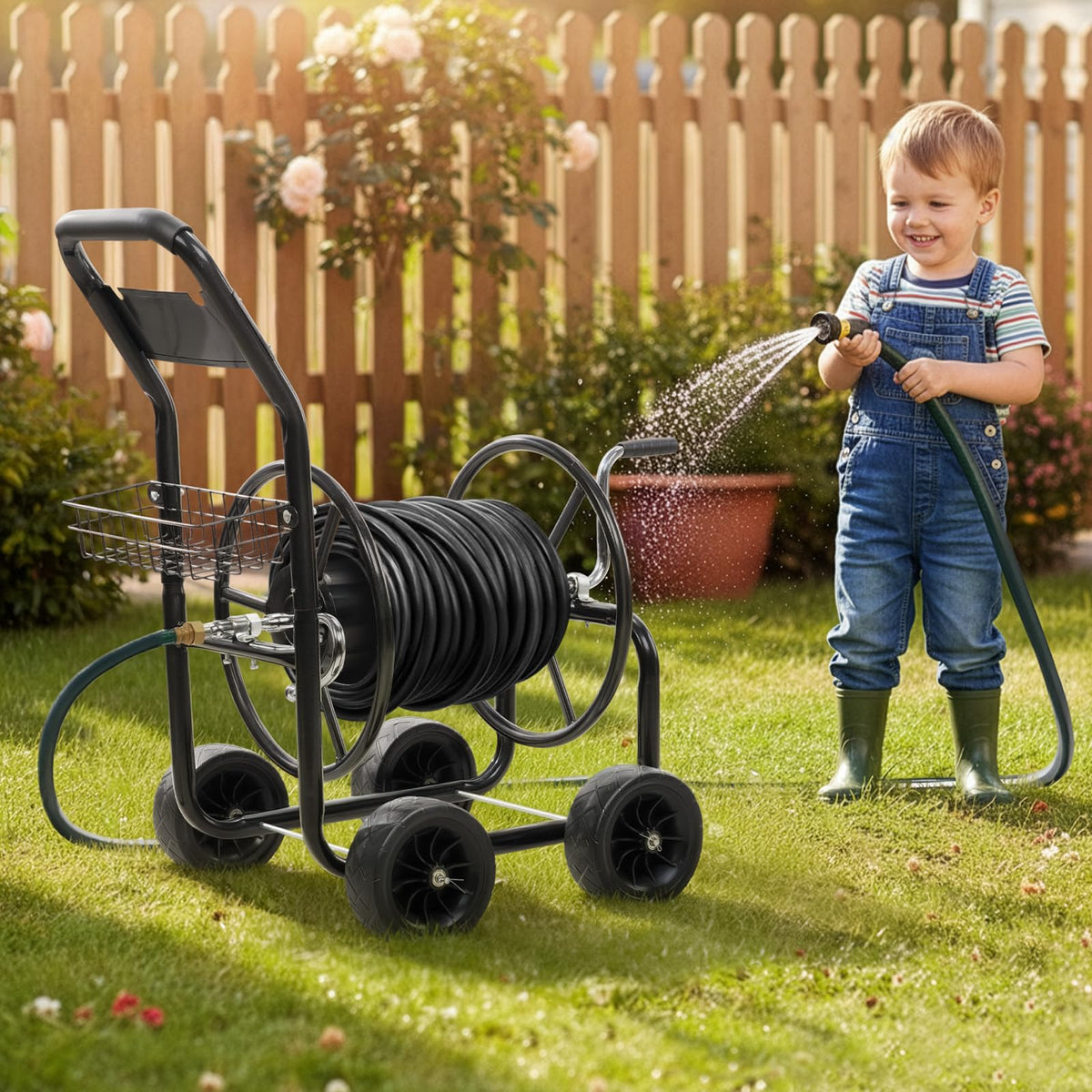 4-Wheel Portable Garden Hose Reel Cart with Storage Basket W509