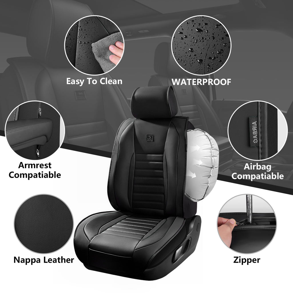 Nappa Leather Car Seat Covers Full Set, Waterproof Anti-Slip, Black O425