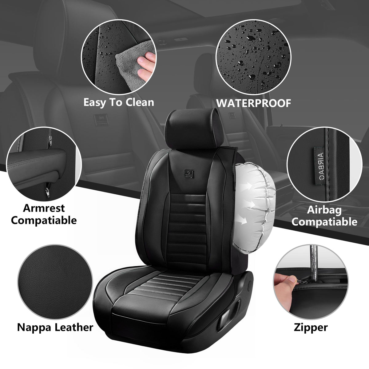 Nappa Leather Car Seat Covers Full Set, Waterproof Anti-Slip, Black O425