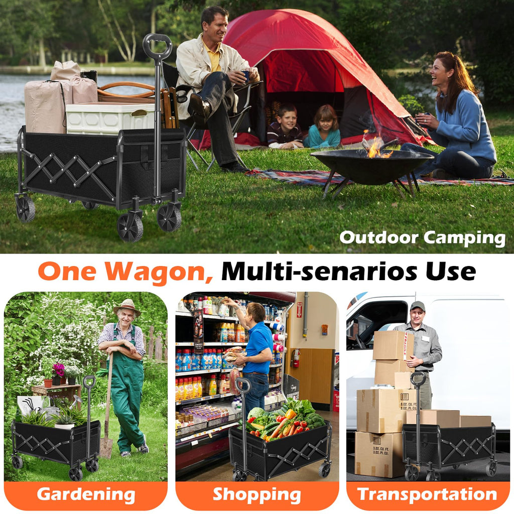 Foldable Wagon Cart with Wheels, 2 Cup Holders, Black F960969