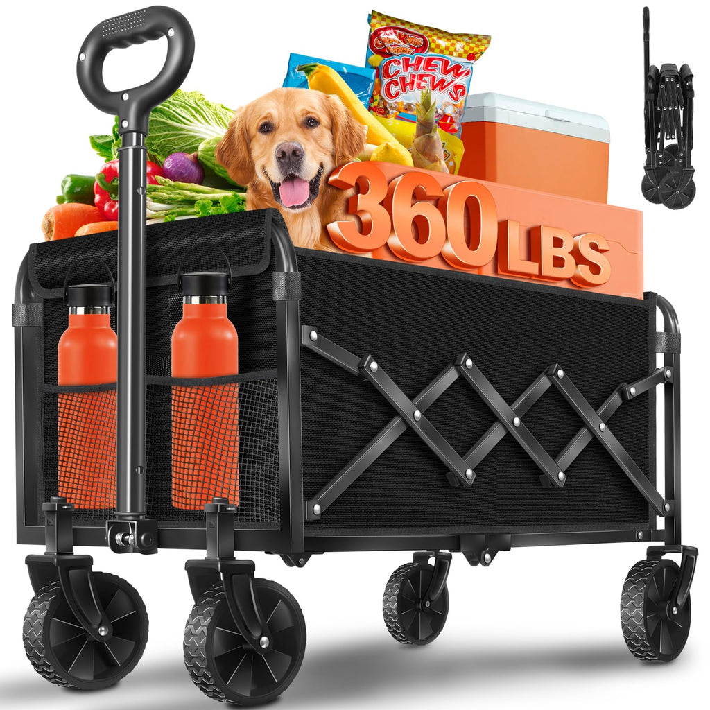 Foldable Wagon Cart with Wheels, 2 Cup Holders, Black F960969