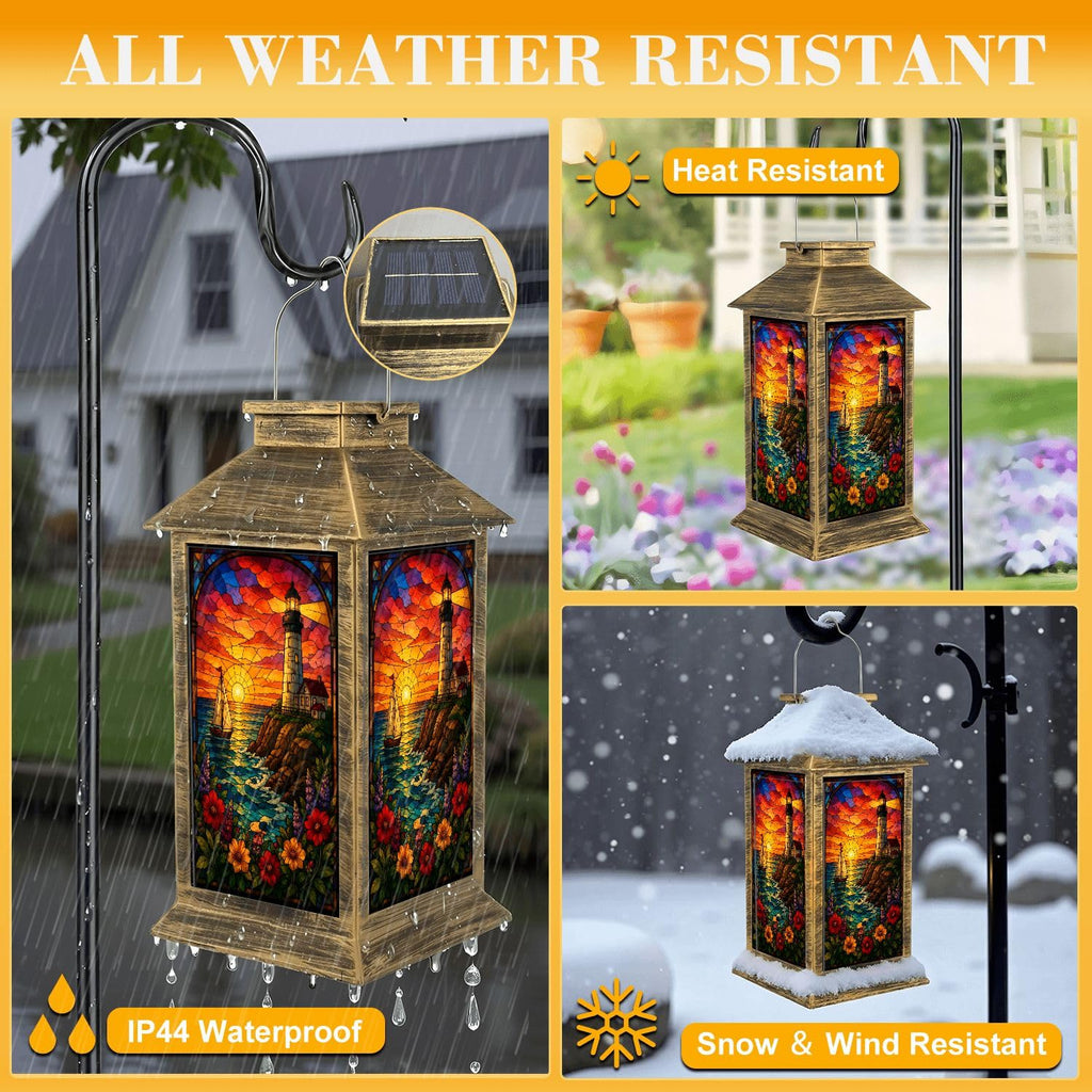 Solar Lantern Outdoor Waterproof Stained Glass Effect LED Hanging Tabletop Lamp J790