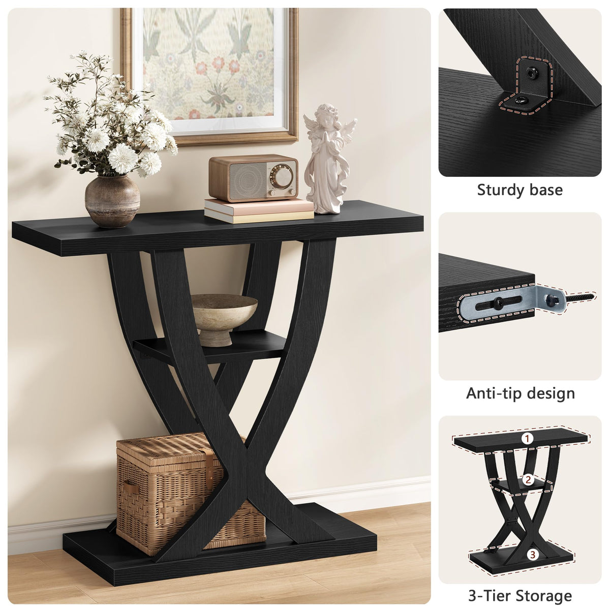 31.5" 3 Tier Black Console Table Q316744