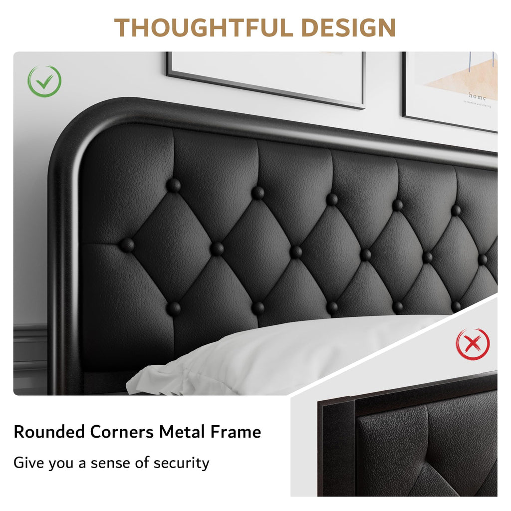 Full Size Black Metal Platform Bed Frame with Leather Headboard Q989