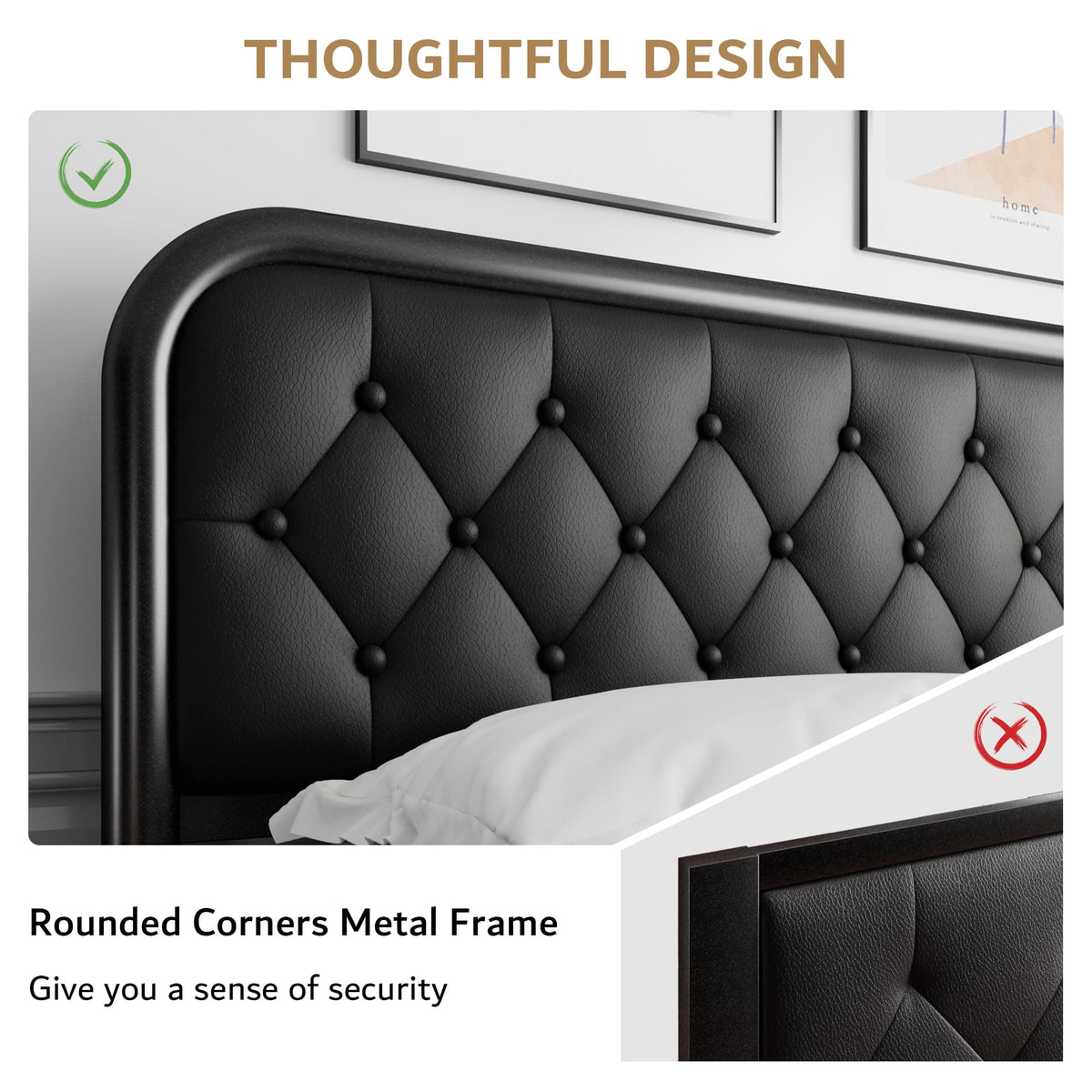 Full Size Black Metal Platform Bed Frame with Leather Headboard Q989