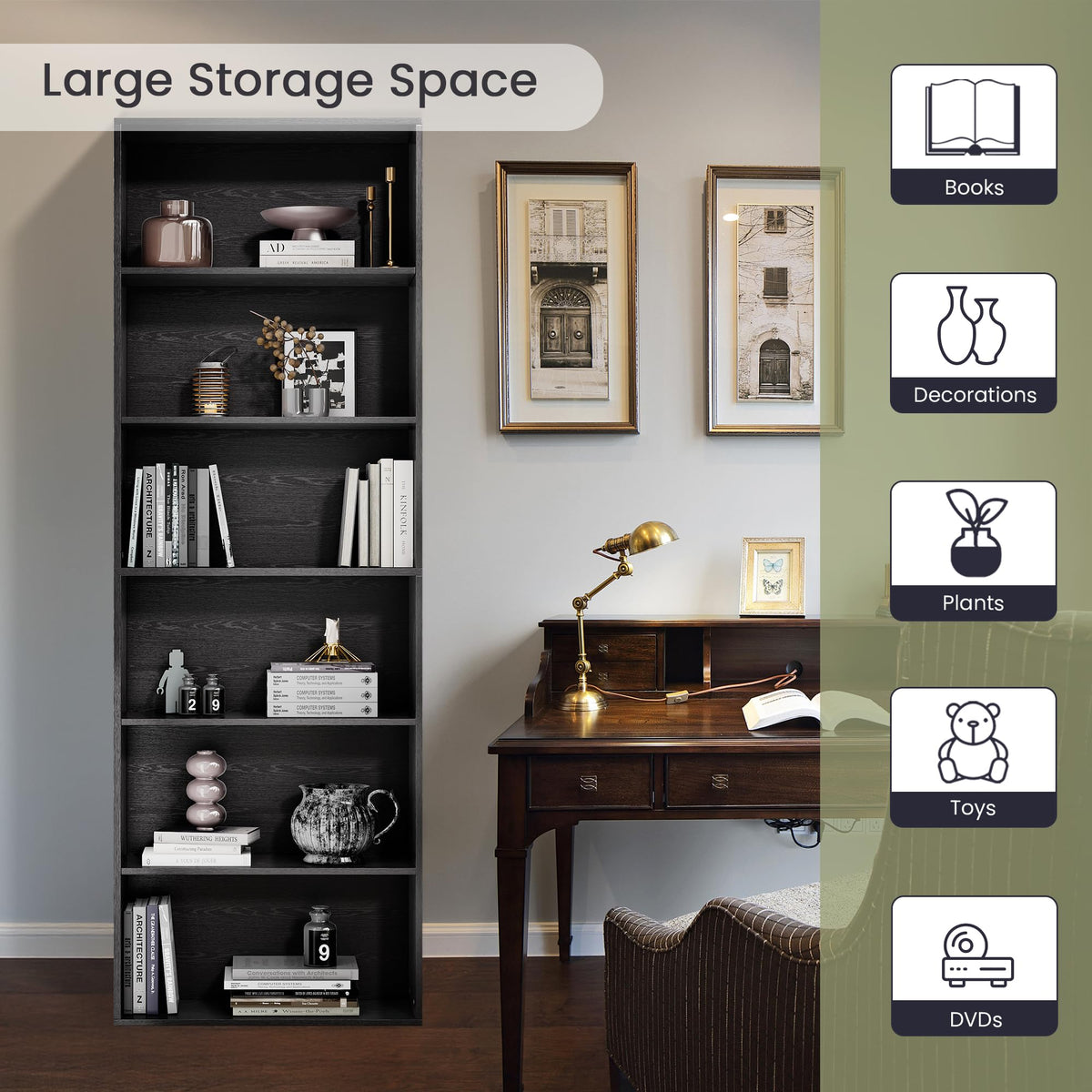 71" Tall 6-Tier Black Bookshelf N948780
