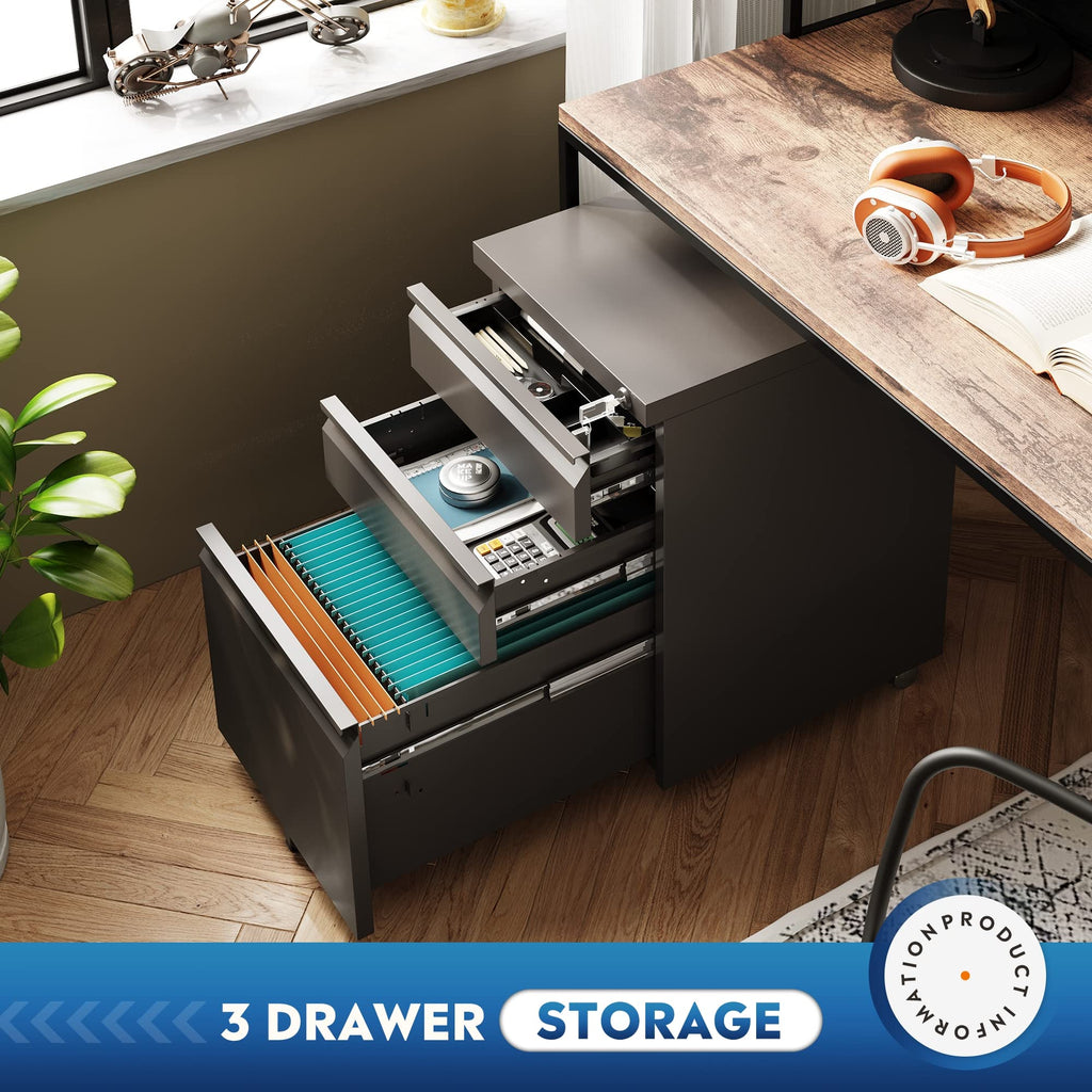 3 Drawer Mobile File Cabinet with Lock, Black R556