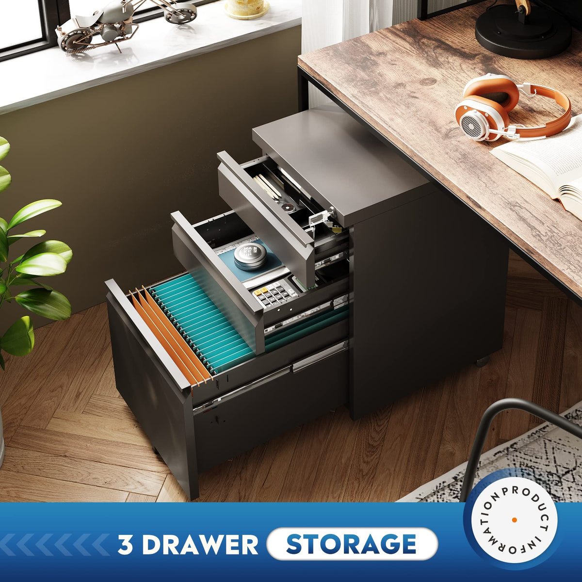 3 Drawer Mobile File Cabinet with Lock, Black R556