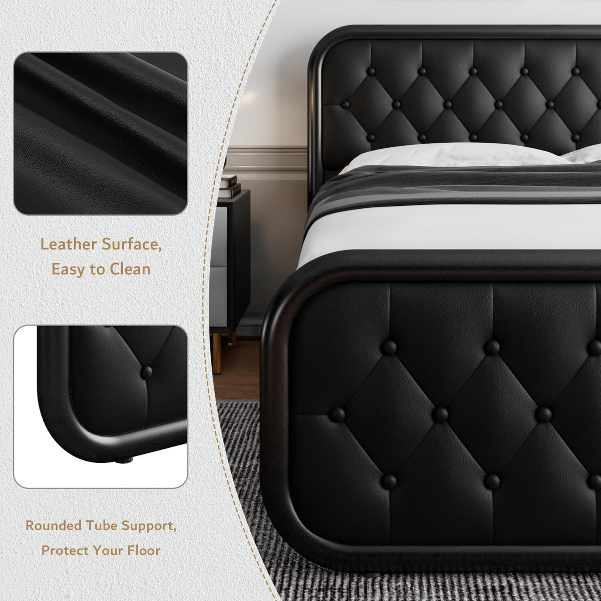 Full Size Black Metal Platform Bed Frame with Leather Headboard Q989