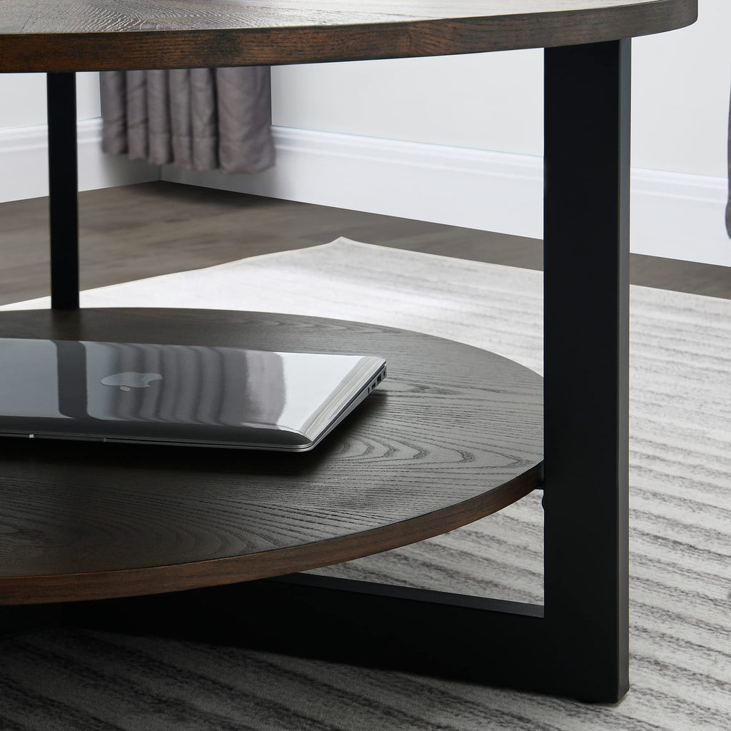 Round Coffee Table with Storage Shelf, Black Metal Legs, 35.3''D x 17.8''H L5082