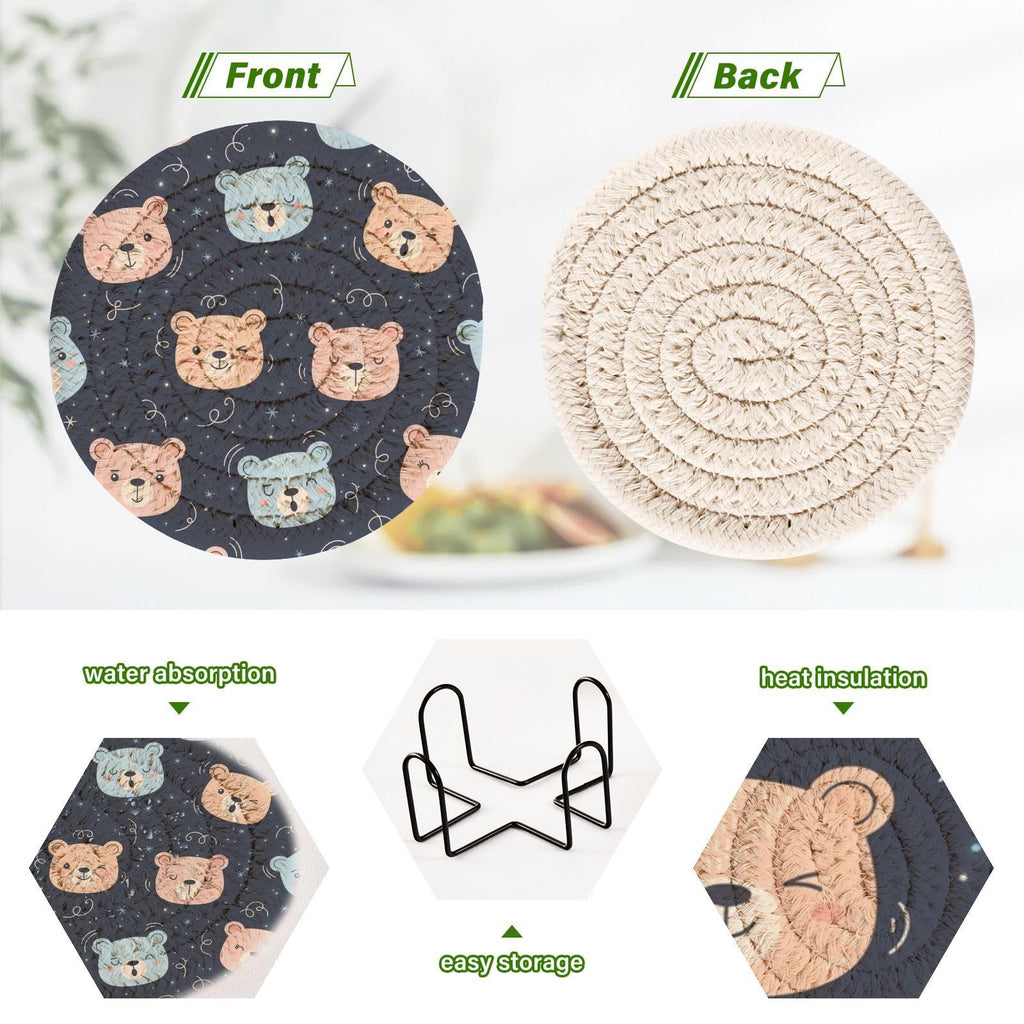 Black Stars Print Drink Coasters with Holder, Set of 6 H186674