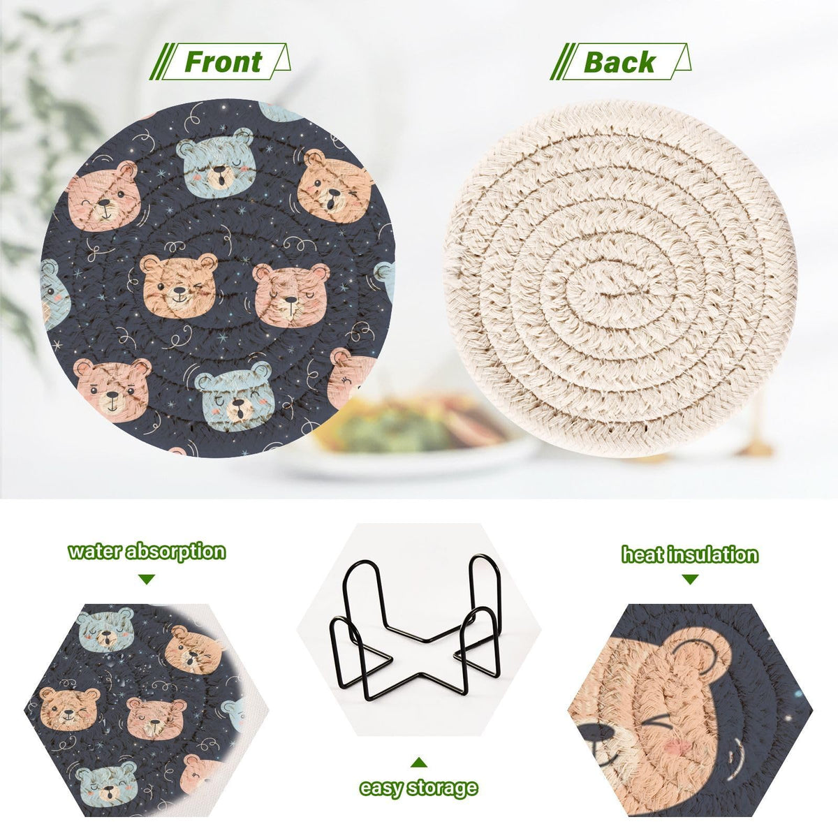 Black Stars Print Drink Coasters with Holder, Set of 6 H186674