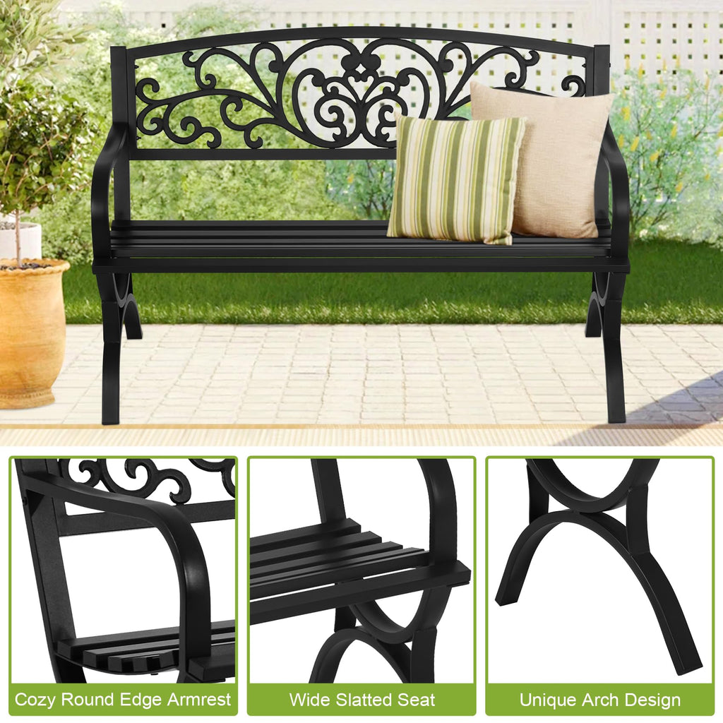 50 Inches Black Metal Outdoor Garden Bench with Floral Pattern Backrest B82398