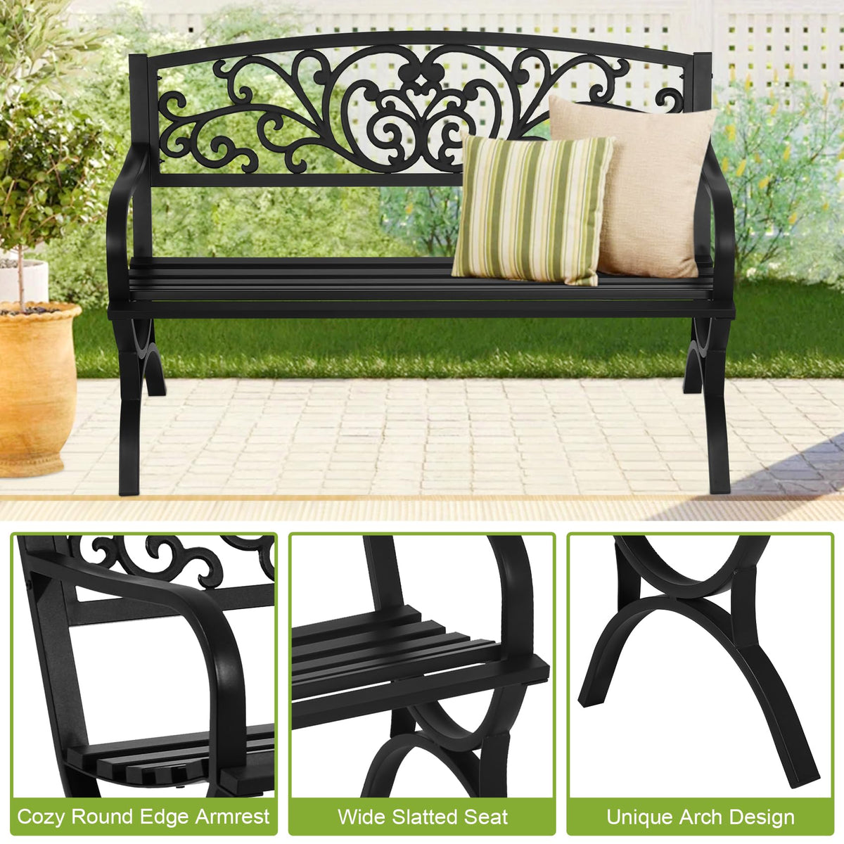 50 Inches Black Metal Outdoor Garden Bench with Floral Pattern Backrest B82398