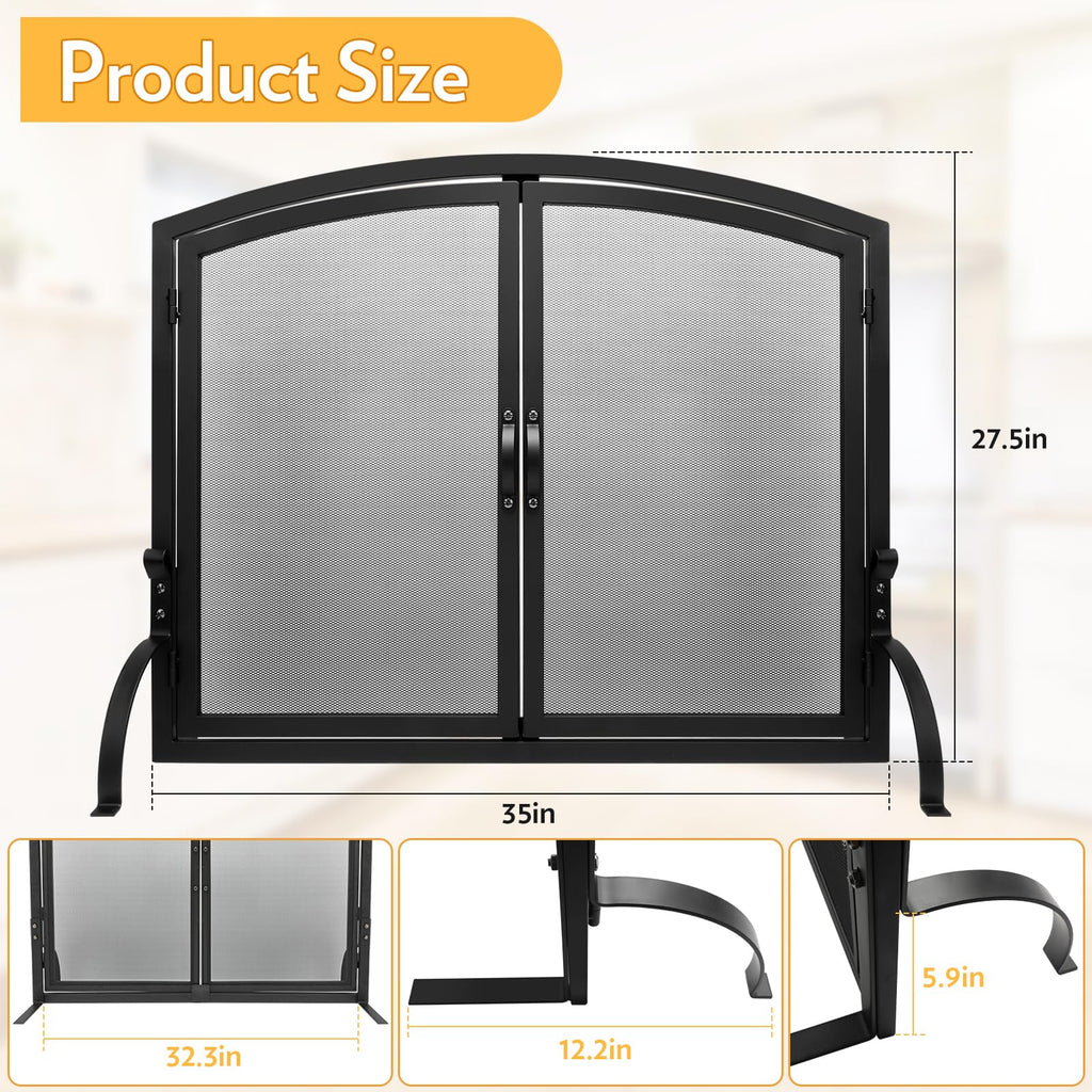 35"x27" Arched Black Fireplace Screen with Magnetic Double Doors N8828