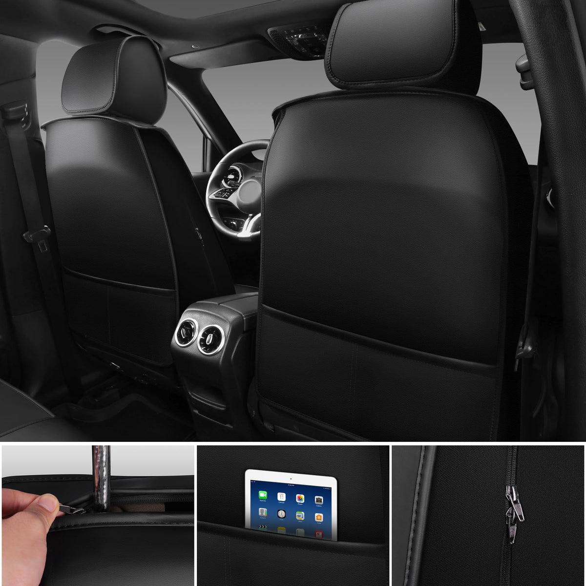 Nappa Leather Car Seat Covers Full Set, Waterproof Anti-Slip, Black O425