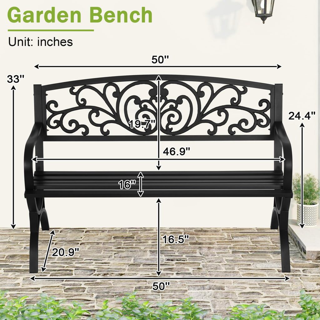 50 Inches Black Metal Outdoor Garden Bench with Floral Pattern Backrest B82398