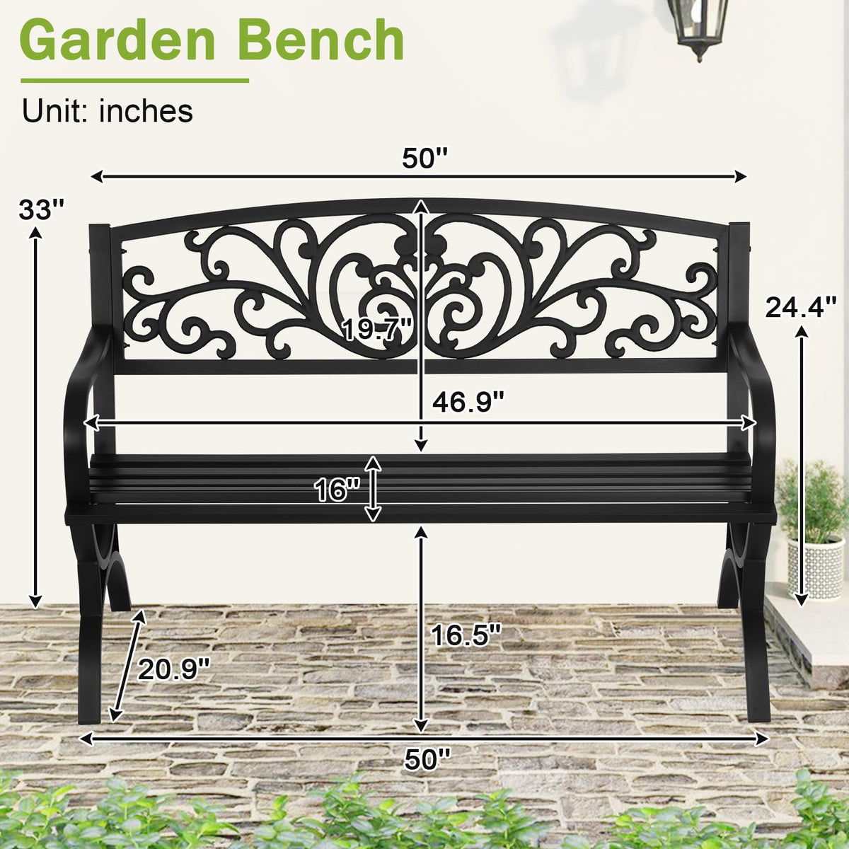 50 Inches Black Metal Outdoor Garden Bench with Floral Pattern Backrest B82398