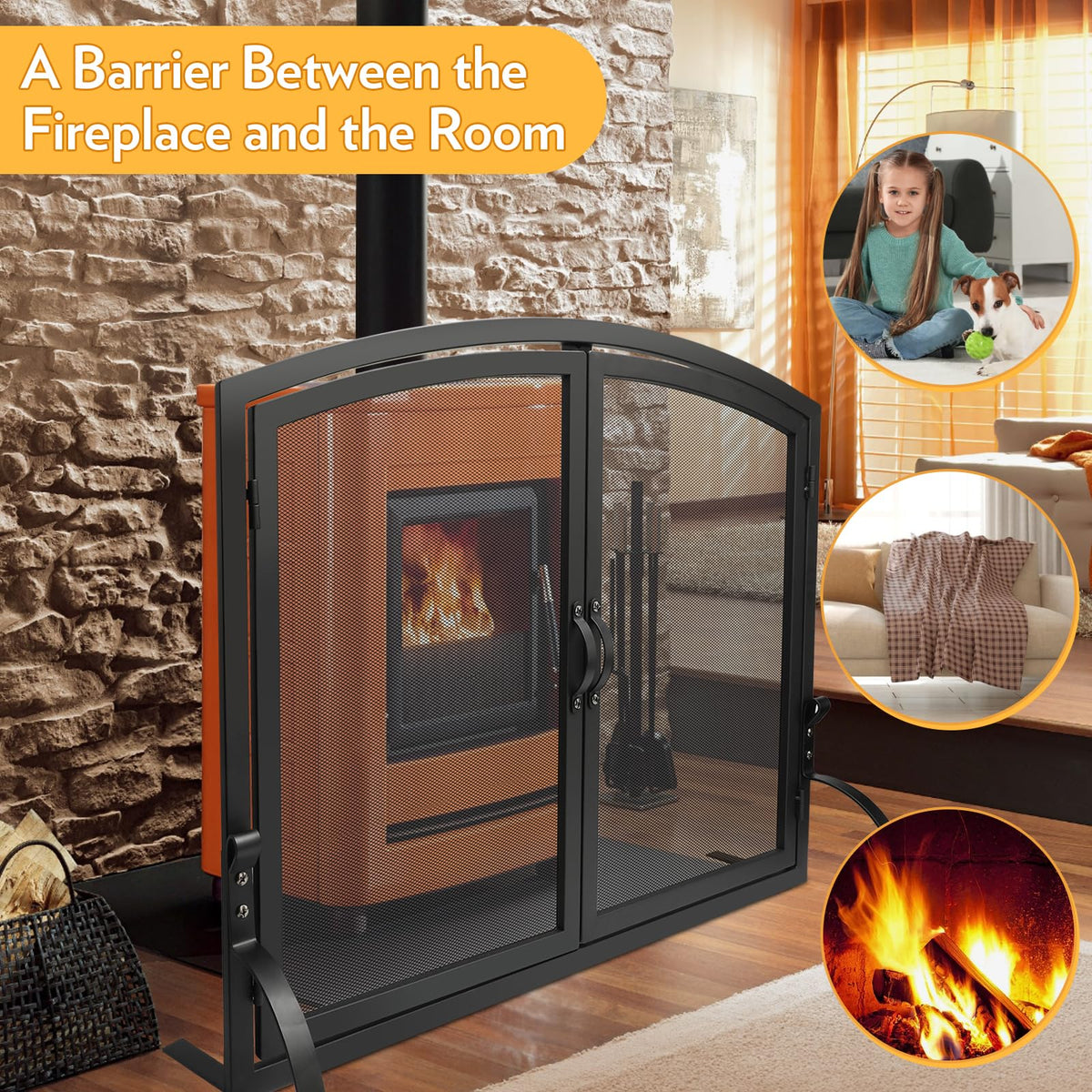 35"x27" Arched Black Fireplace Screen with Magnetic Double Doors N8828