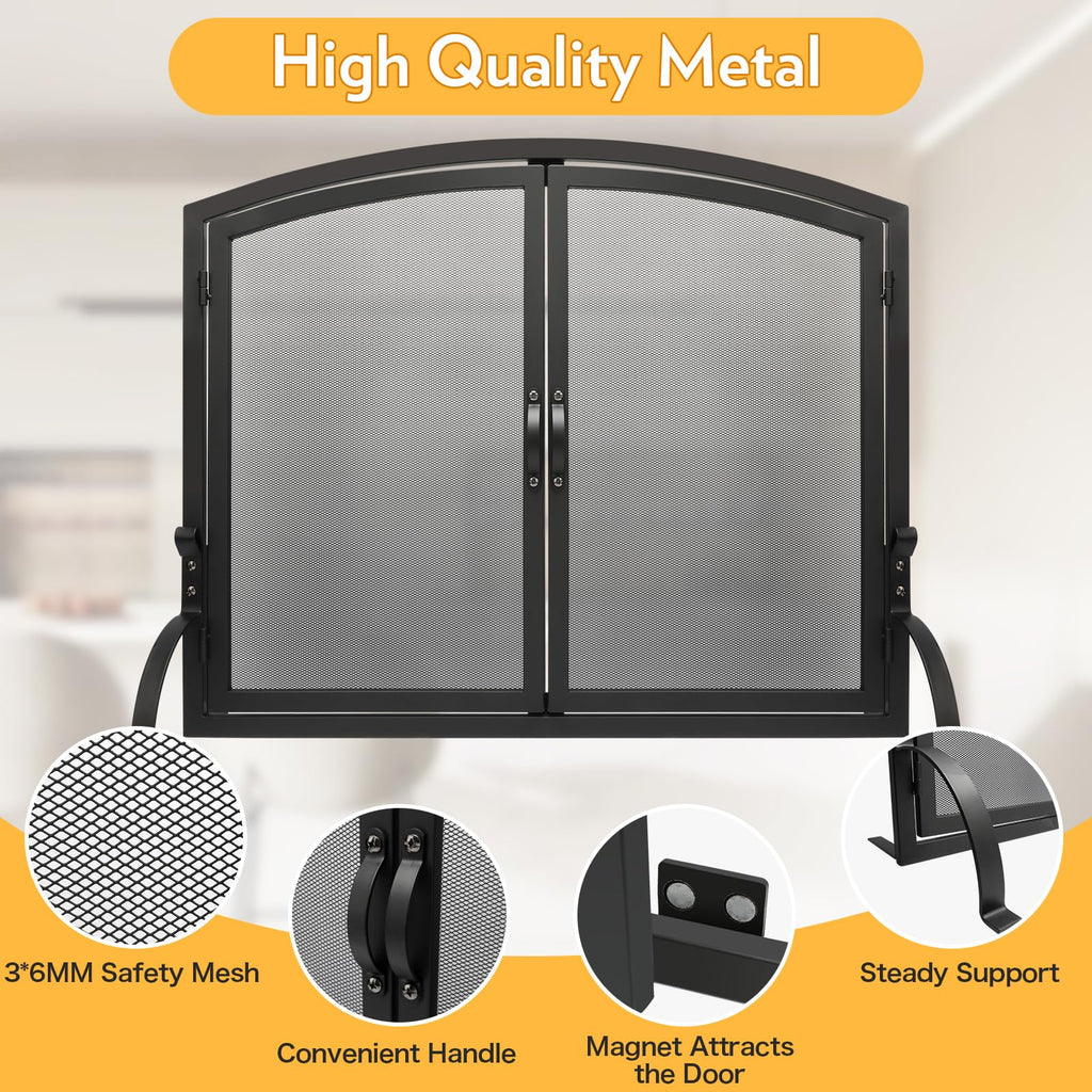 35"x27" Arched Black Fireplace Screen with Magnetic Double Doors N8828