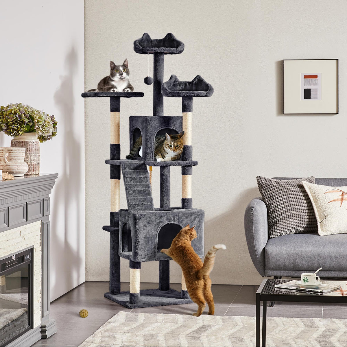 72in Dark Gray Cat Tree Tower with 2 Condos & 3 Perches K78895