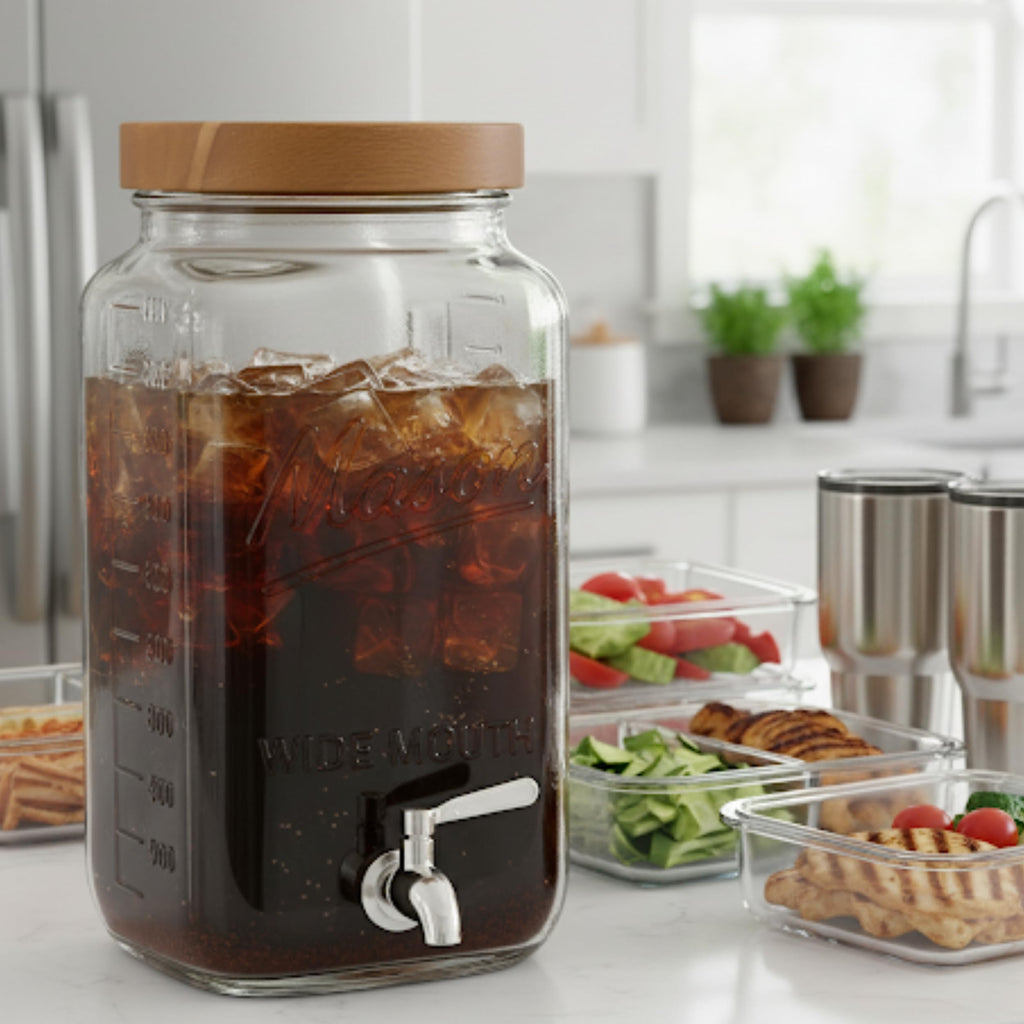 2 Gallon Glass Beverage Dispenser with Wooden Lid O252
