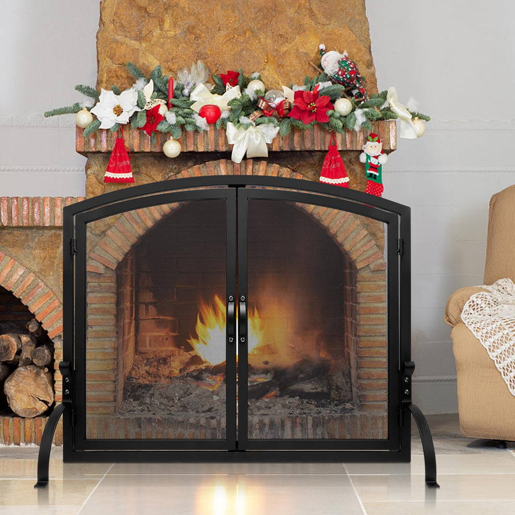 35"x27" Arched Black Fireplace Screen with Magnetic Double Doors N8828