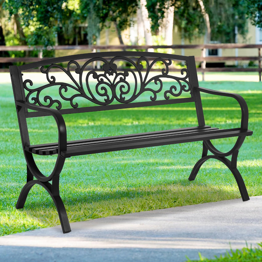 50 Inches Black Metal Outdoor Garden Bench with Floral Pattern Backrest B82398