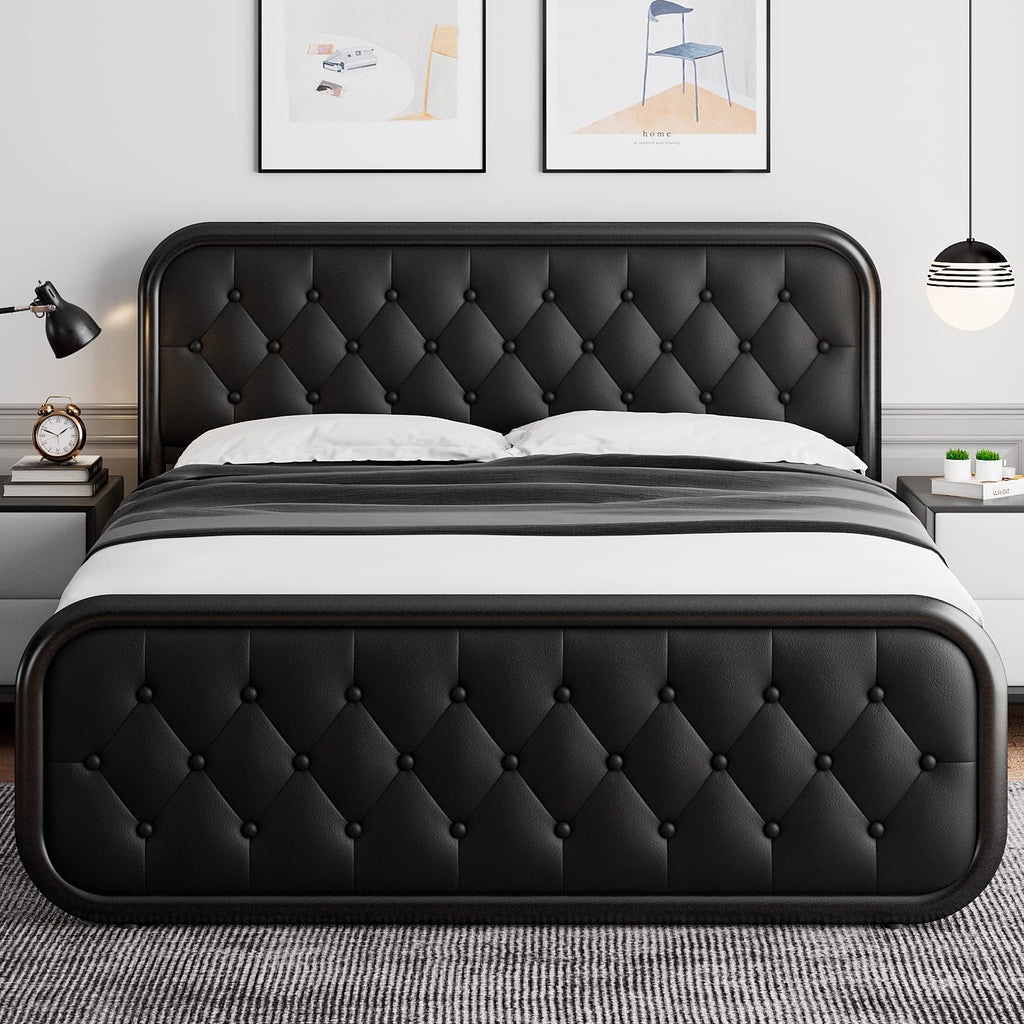 Full Size Black Metal Platform Bed Frame with Leather Headboard Q989
