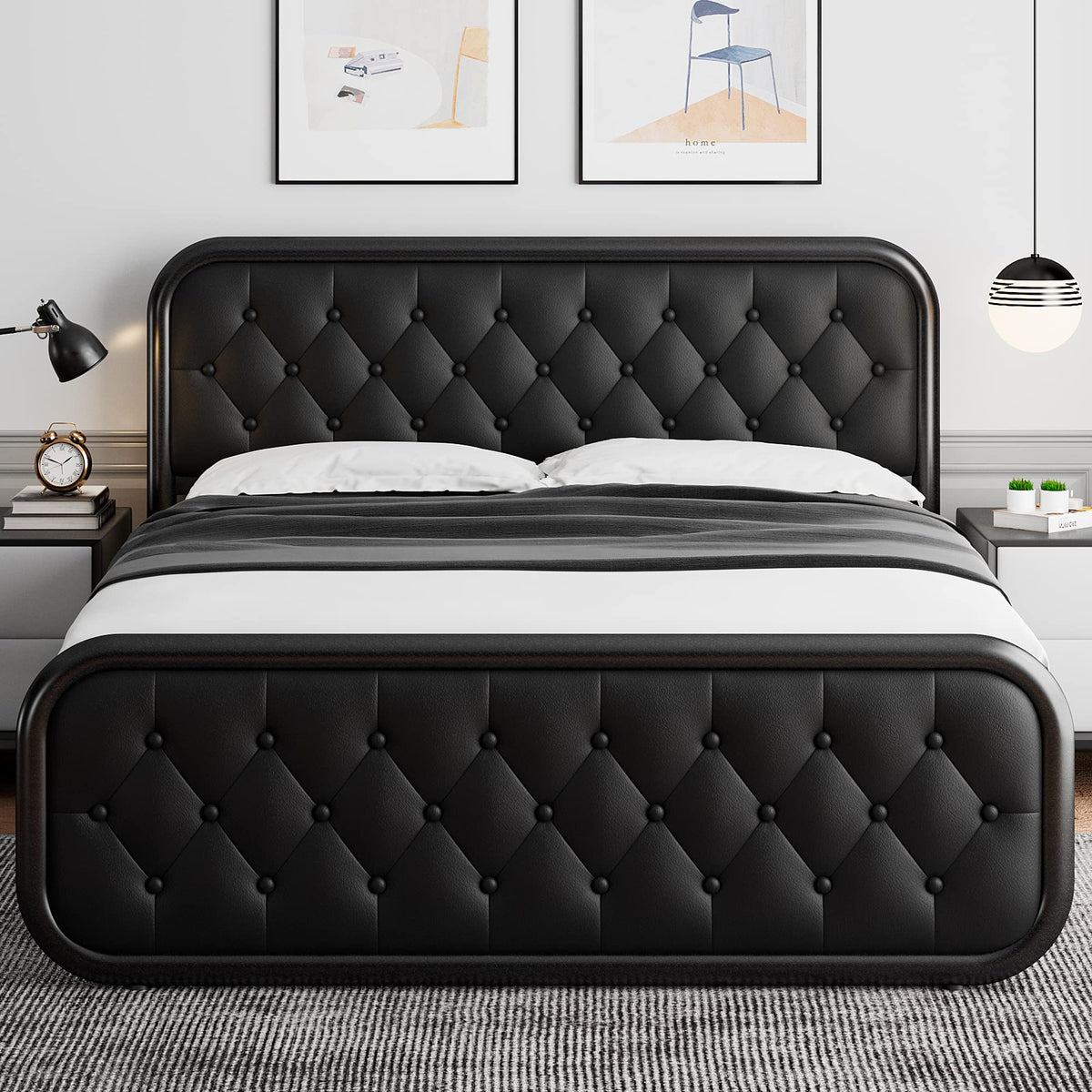 Full Size Black Metal Platform Bed Frame with Leather Headboard Q989