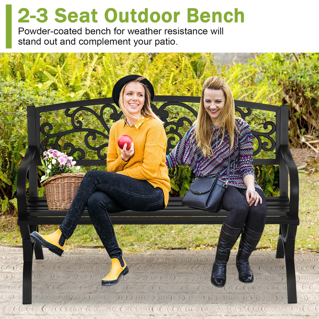 50 Inches Black Metal Outdoor Garden Bench with Floral Pattern Backrest B82398